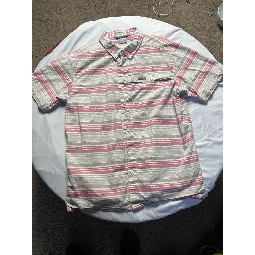 Columbia Men's Regular Fit Striped Short Sleeve Button-Up Shirt Red Gray White L